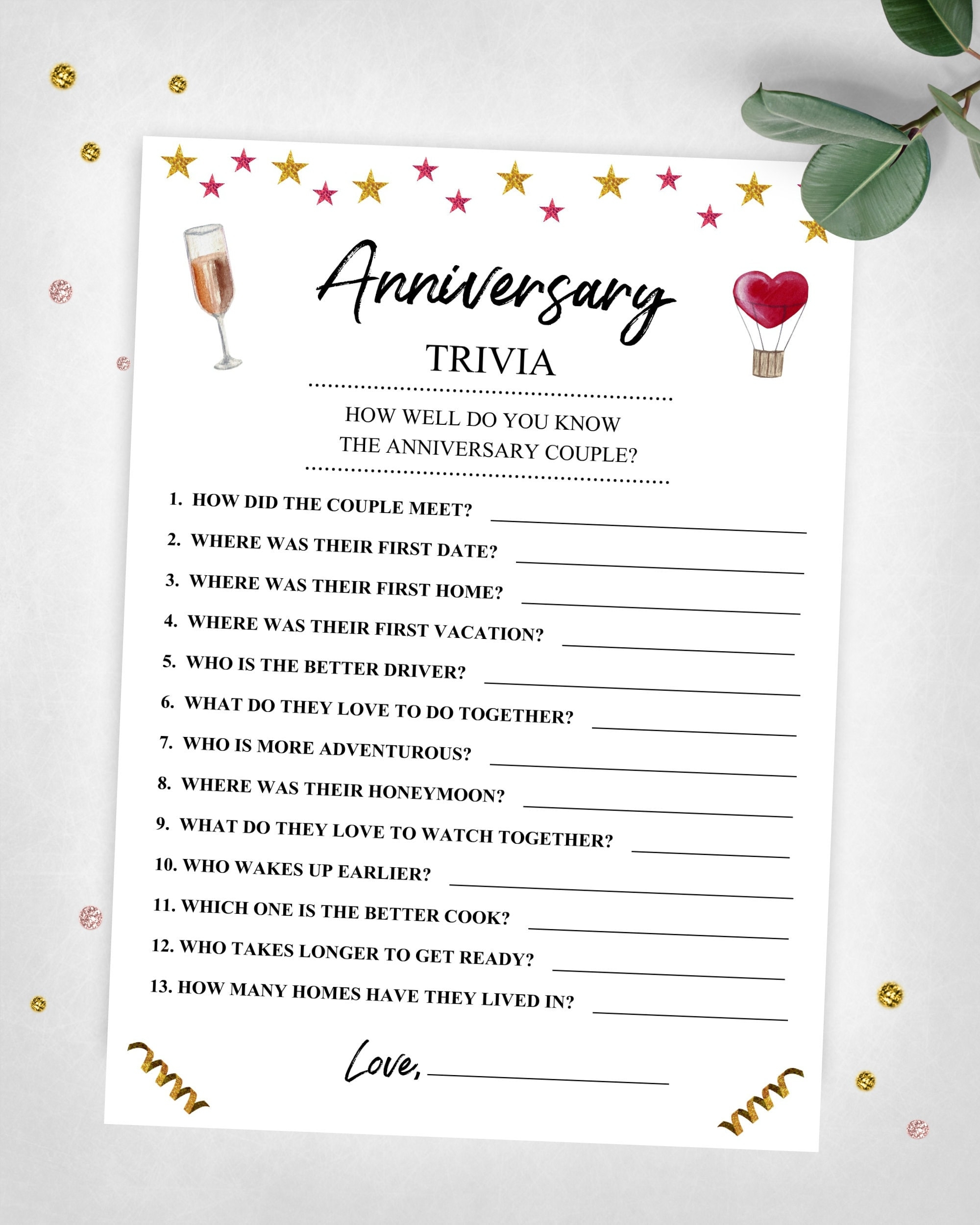 Anniversary Trivia Party Keepsake Game Anniversary Party Game Instant Digital Download Printable Game Etsy