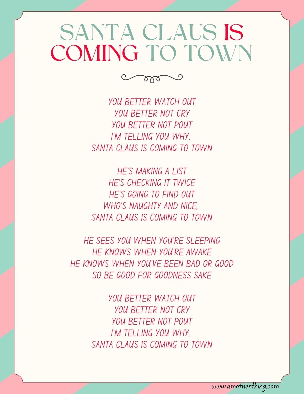 Santa Claus Is Comin To Town Lyrics Printable