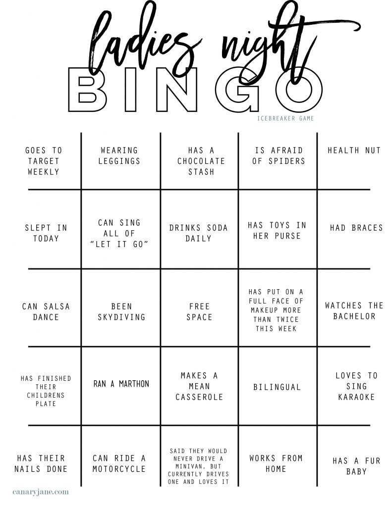 Best Ladies Night Out Bingo Icebreaker Free Printable To Get The Party Started Canary Jane Girls Night Party Girls Night Games Girls Night Out Games