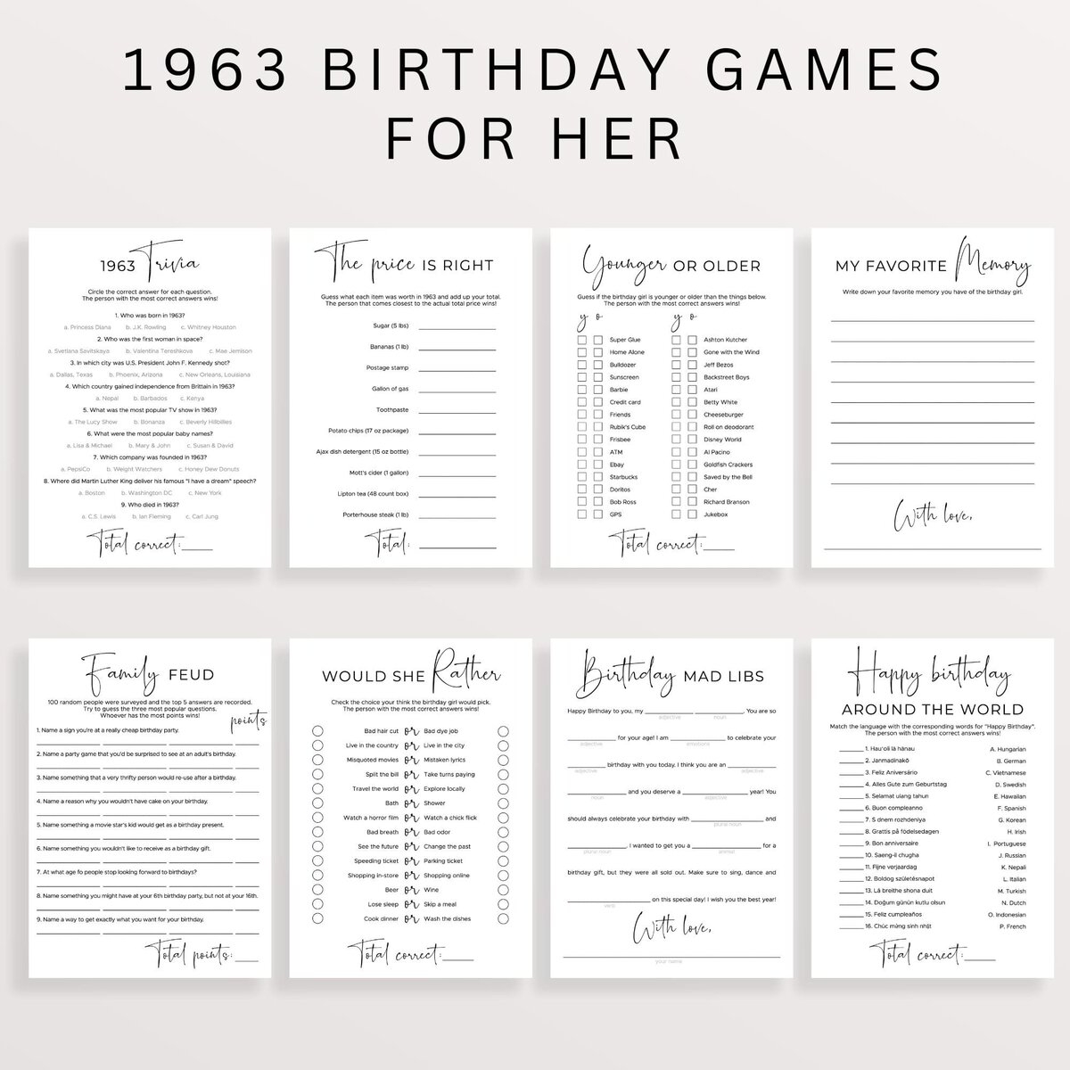 Born In 1943 Birthday Games Bundle For Her