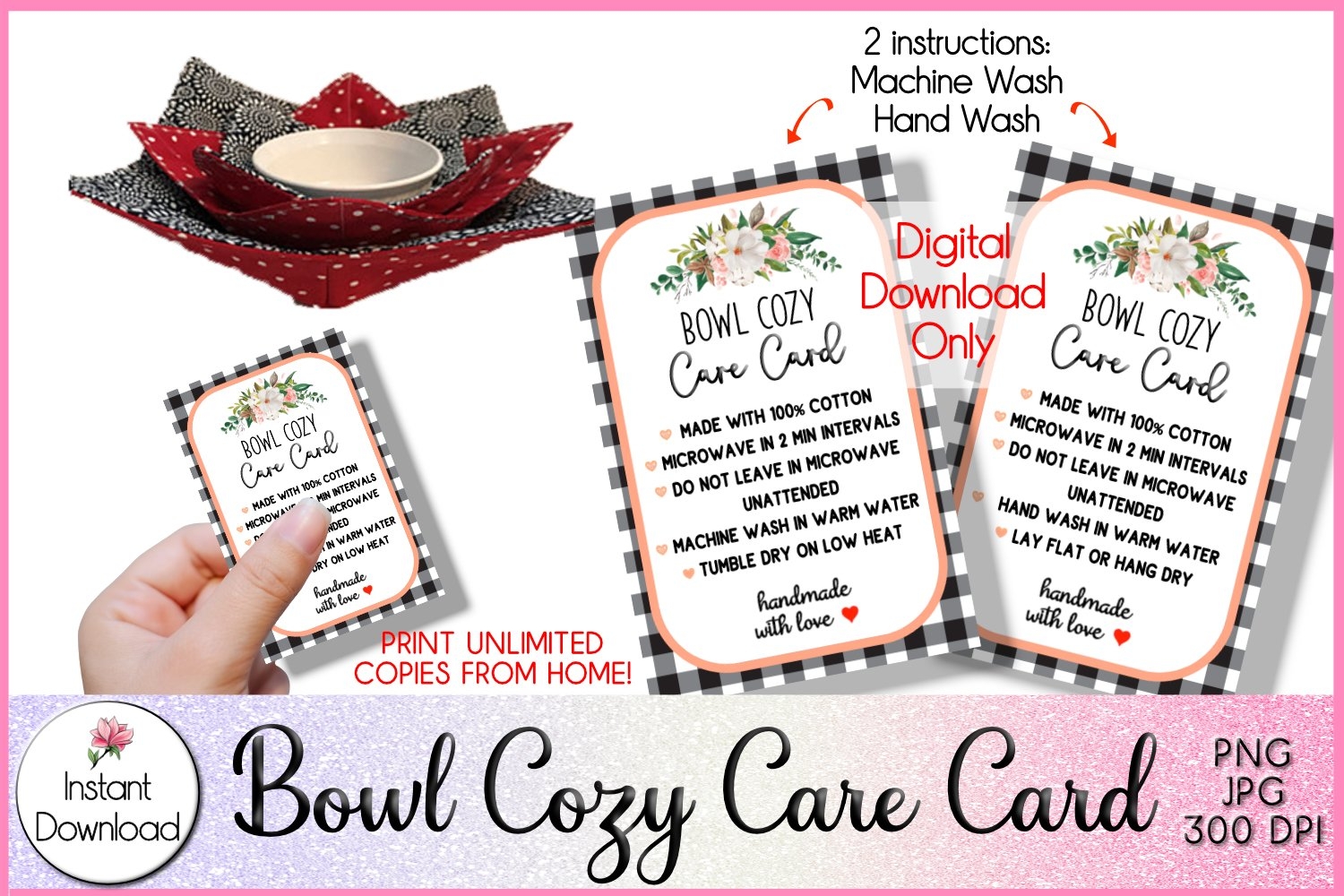 Bowl Cozy Care Card Printable Wash Instruction For Cozy