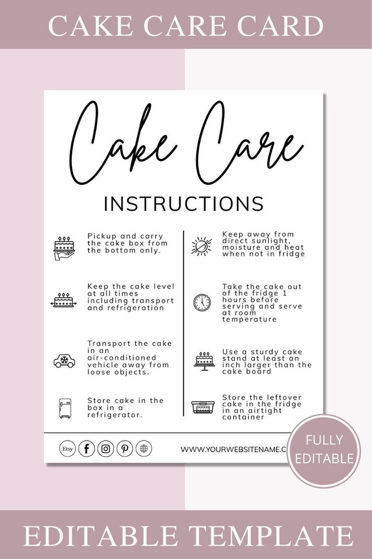 Cake Care Card Editable Template Wedding Cake Care Cards Printable Cake Care Guide Cake Instructions Card Instant Download DTP 031 Etsy Template Printable Business Template Cards
