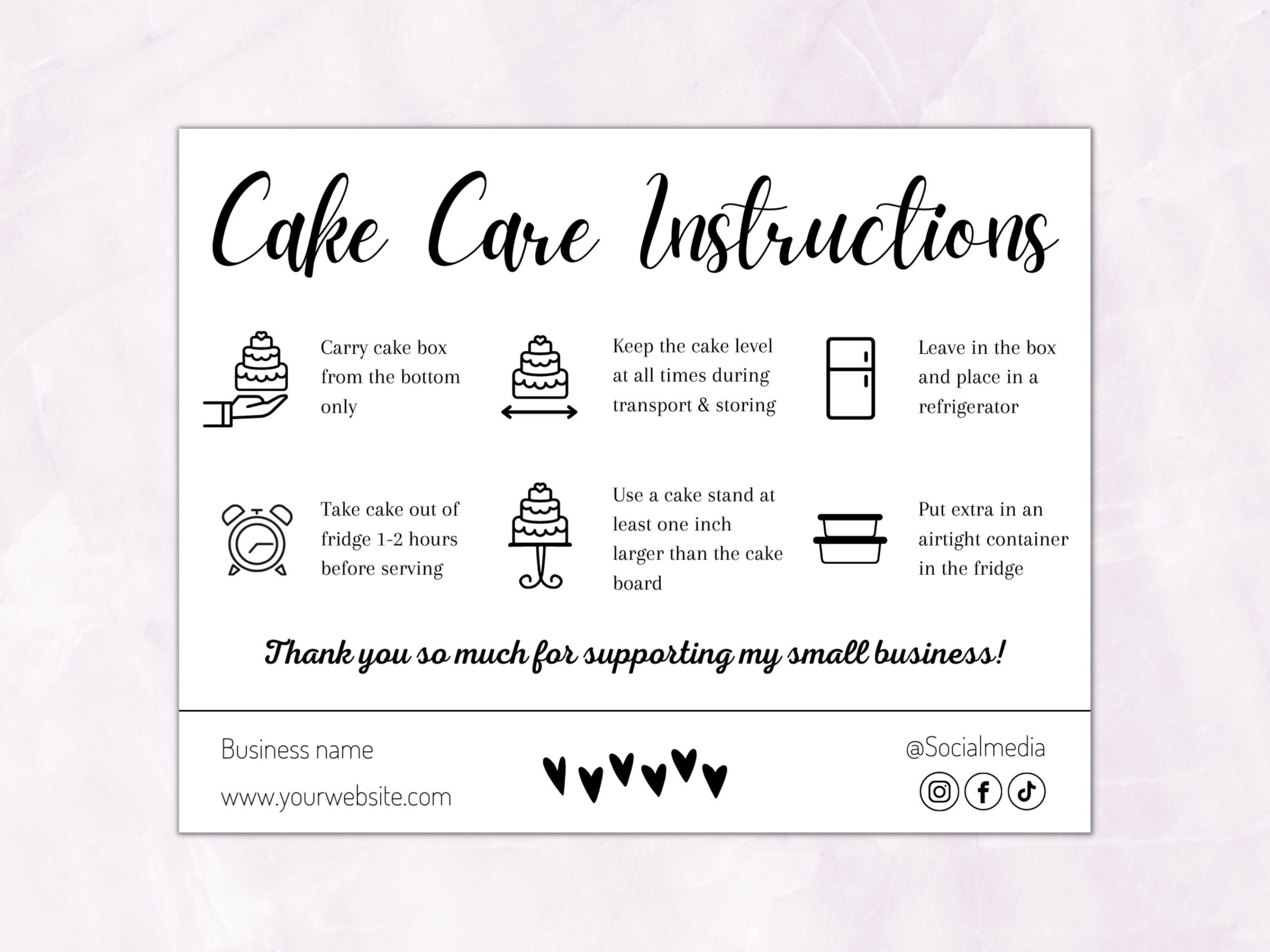 Cake Care Cards Cake Care Instructions Template And Guide Etsy