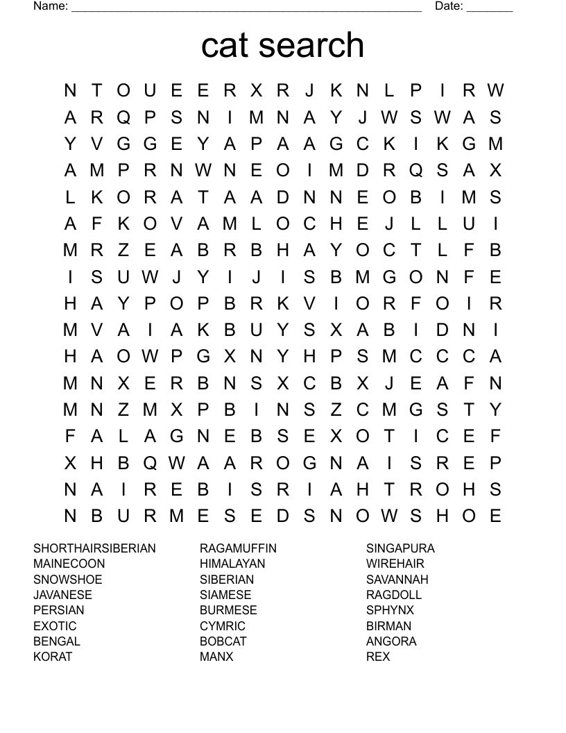Cat Breeds Word Search WordMint