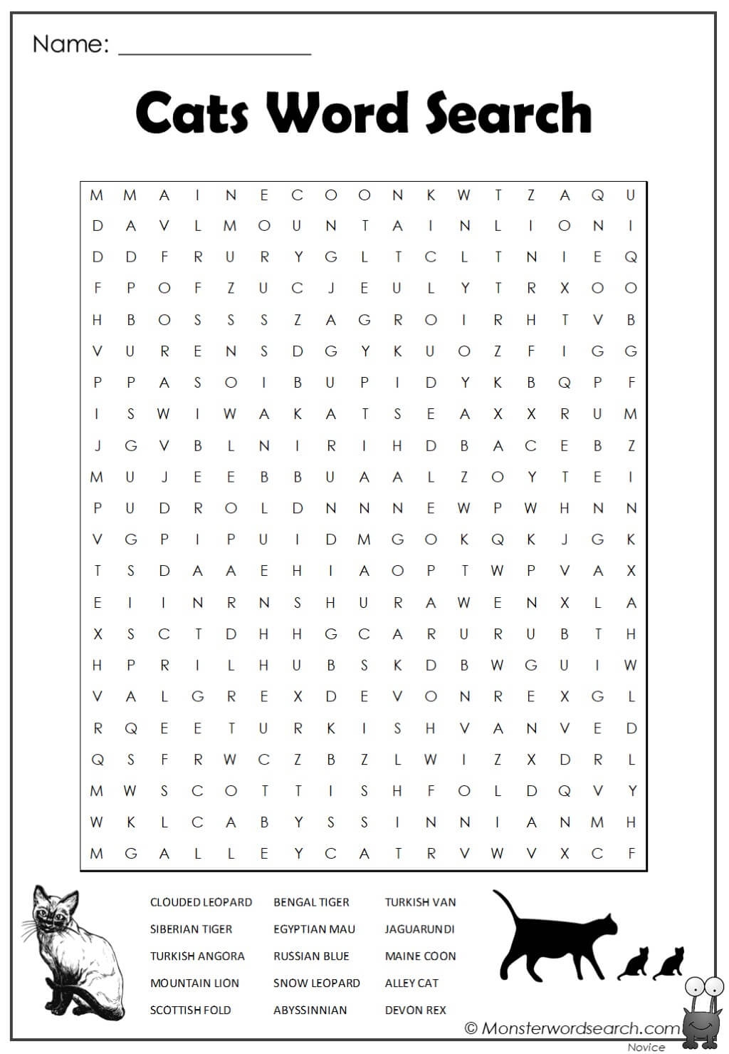 Cats Word Search Monster Word Search