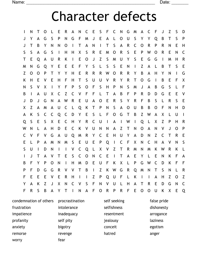 Character Defects Word Search WordMint