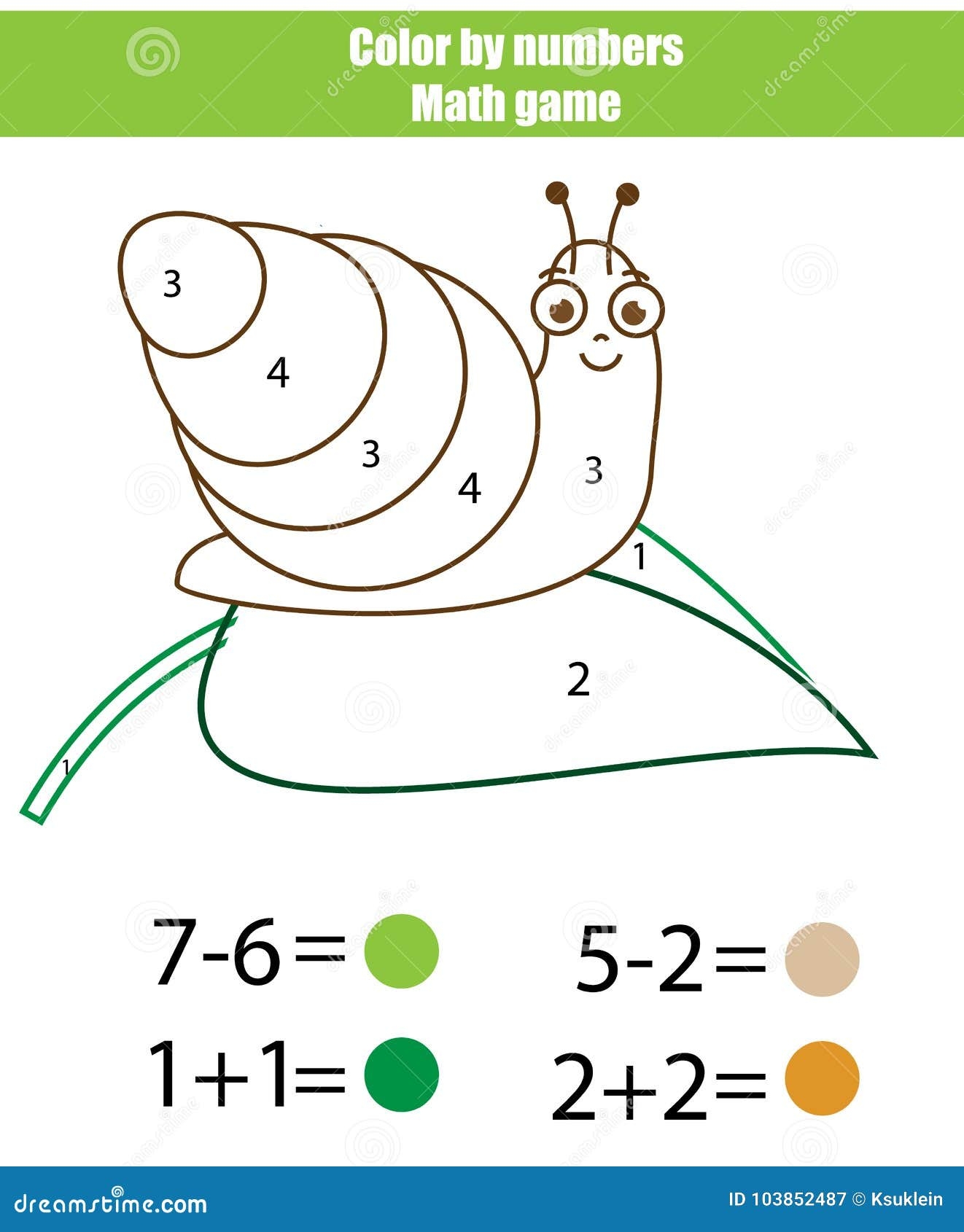 Children Educational Game Mathematics Actvity Color By Numbers Printable Worksheet Coloring Page With Snail Stock Vector Illustration Of Contour Learning 103852487