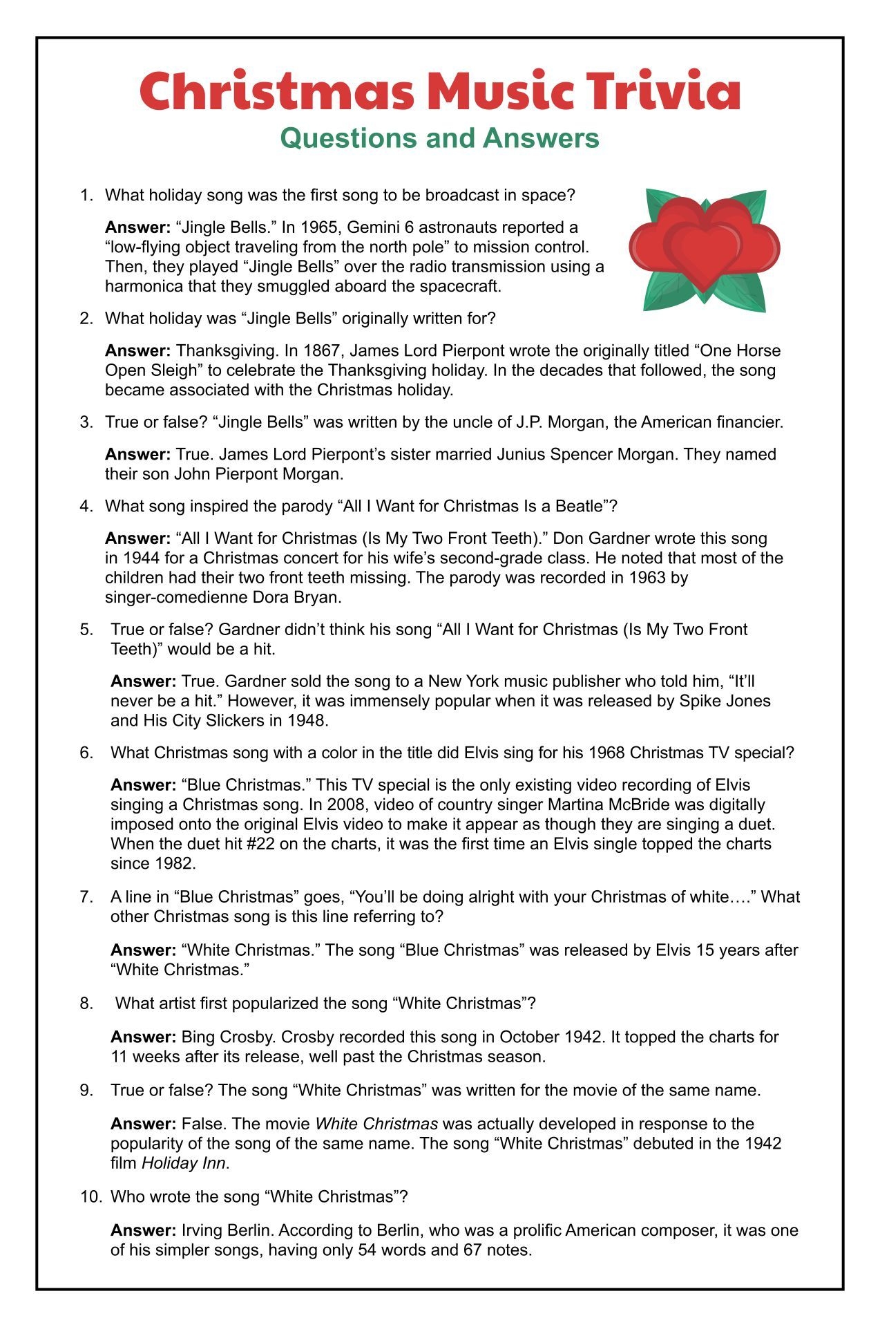 Christmas Song Trivia Printable With Answers