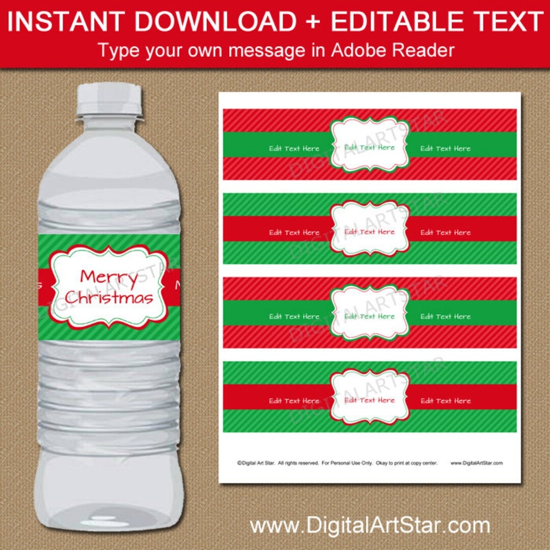 Christmas Water Bottle Label Template Red And Green Holiday Water Bottle Labels PRINTABLE Christmas Water Bottle Wraps Christmas Party C3 Etsy