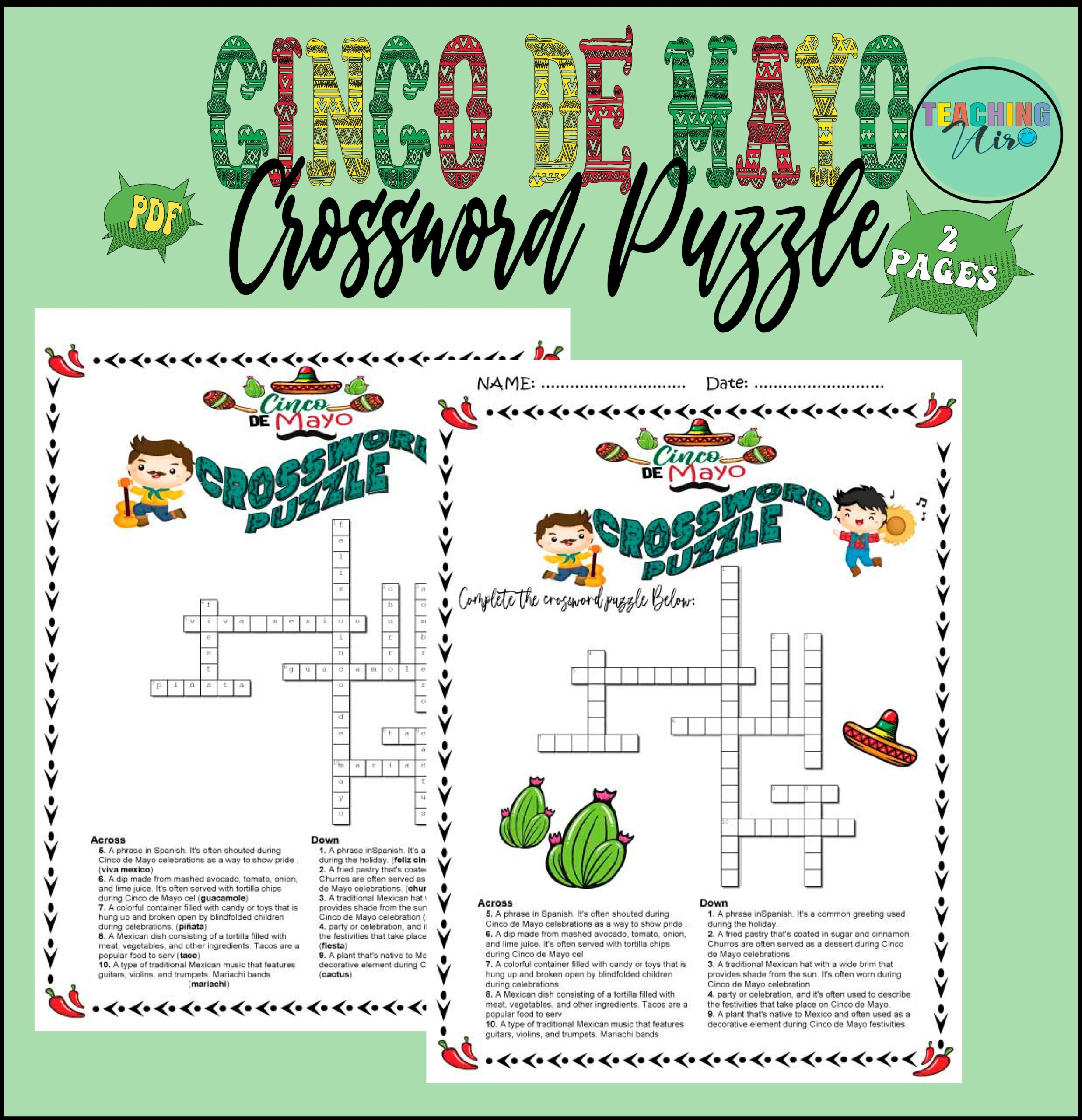 Cinco De Mayo Crossword Puzzle Game Mexican Independance Day 5th May Made By Teachers