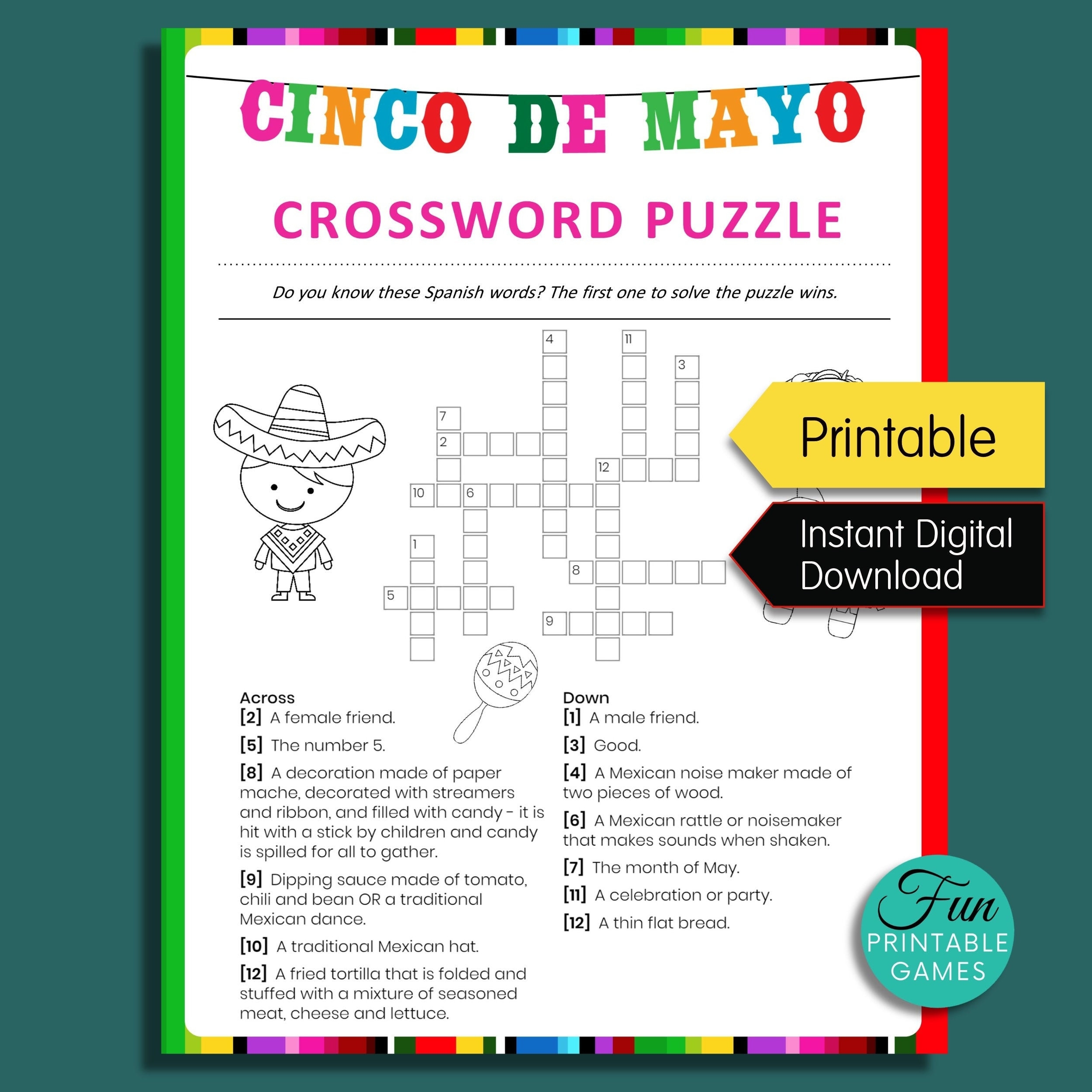 Cinco De Mayo Crossword Puzzle Printable Cinco De Mayo Game Spanish Crossword For Kids With Answers Mexican Fiesta Crossword Printable Etsy Sweden