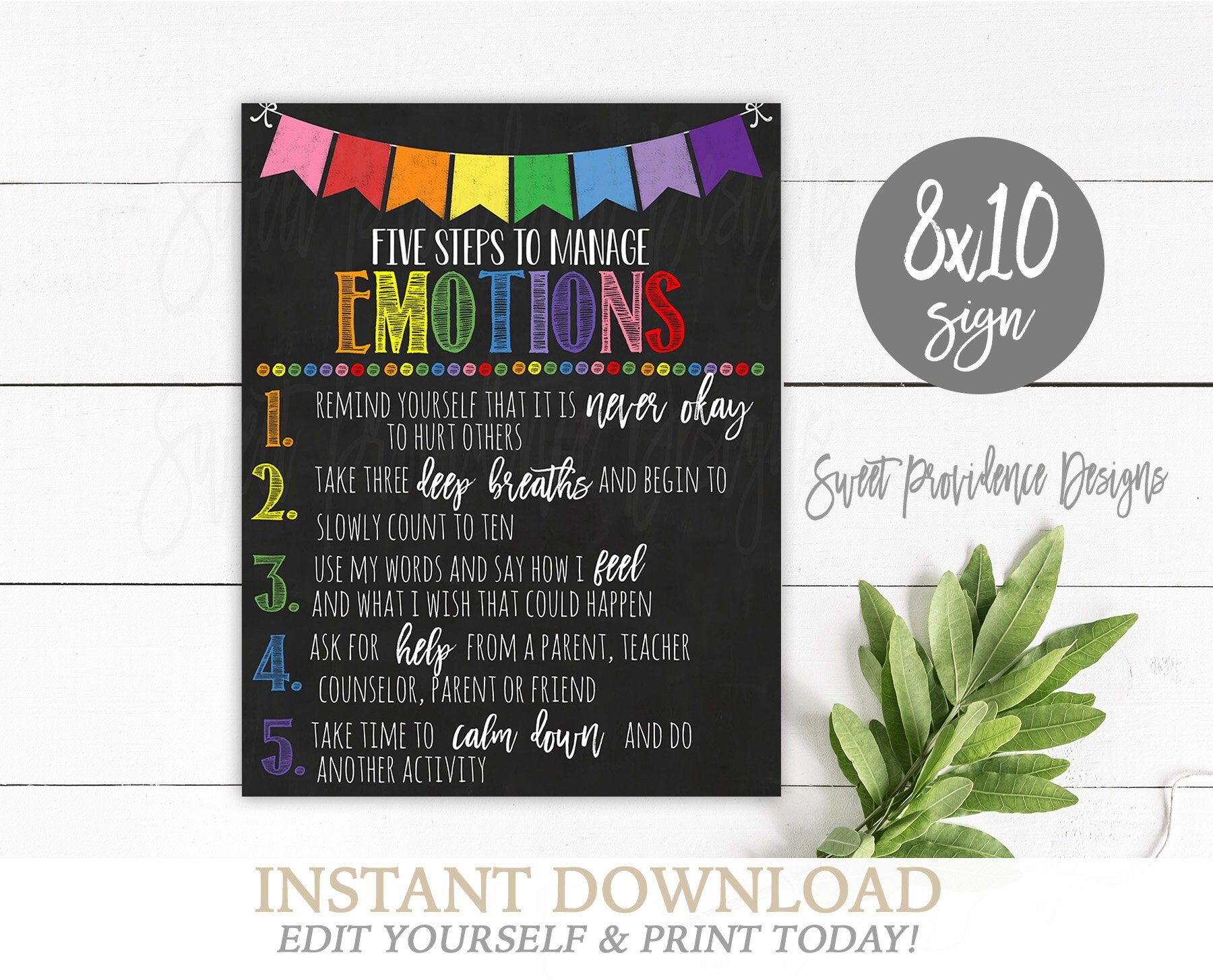 Classroom Decor School Counselor Sign 5 Steps To Manage Emotions Feelings Poster Counselor Office Printable High School Poster Art Sweet Providence Designs