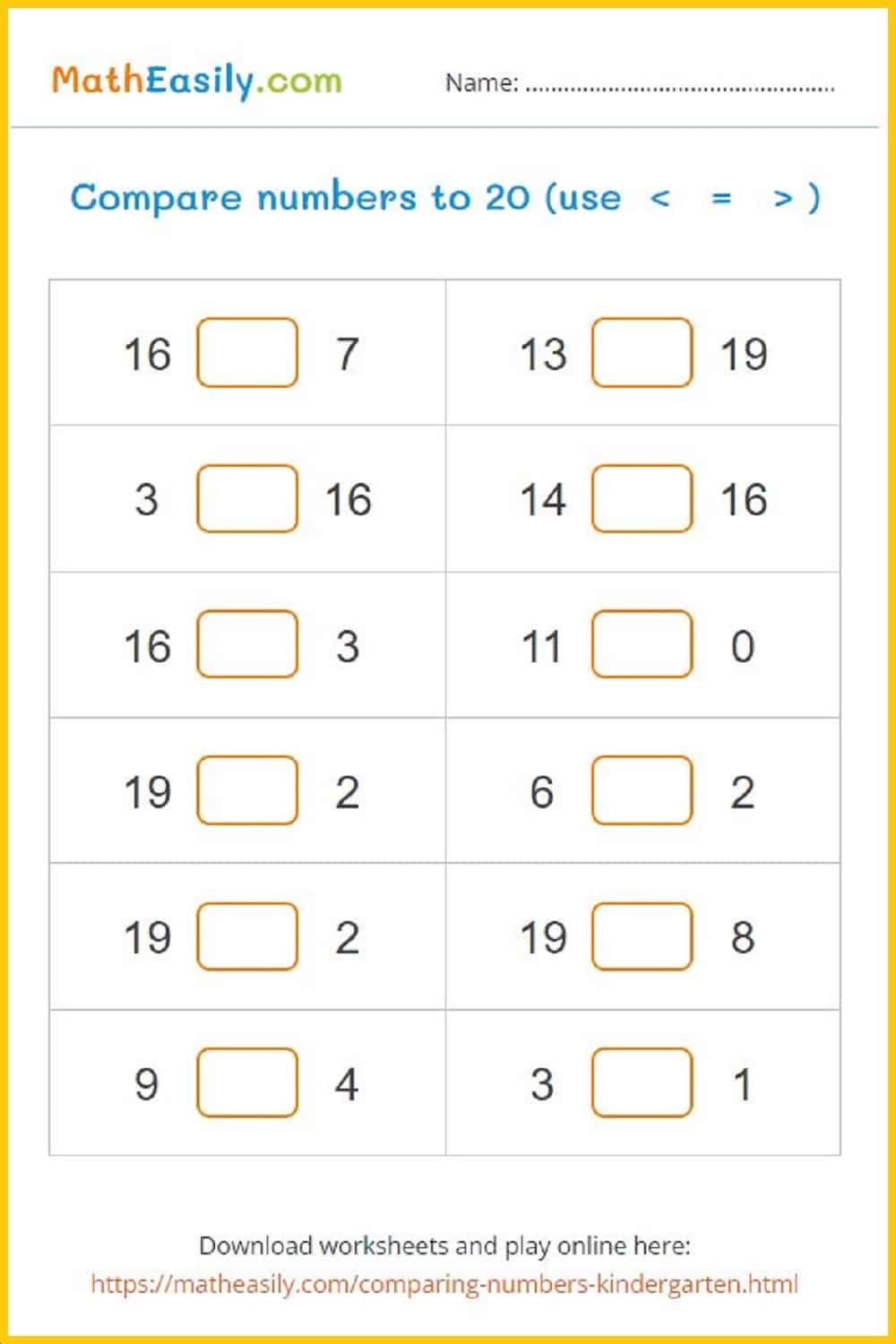 Comparing Numbers Games For Kindergarten Worksheets
