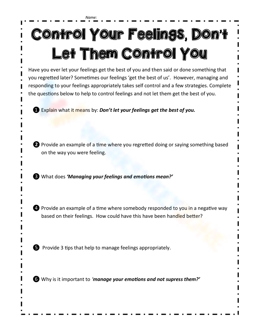 Control Your Feelings Don t Let Them Control You Worksheet