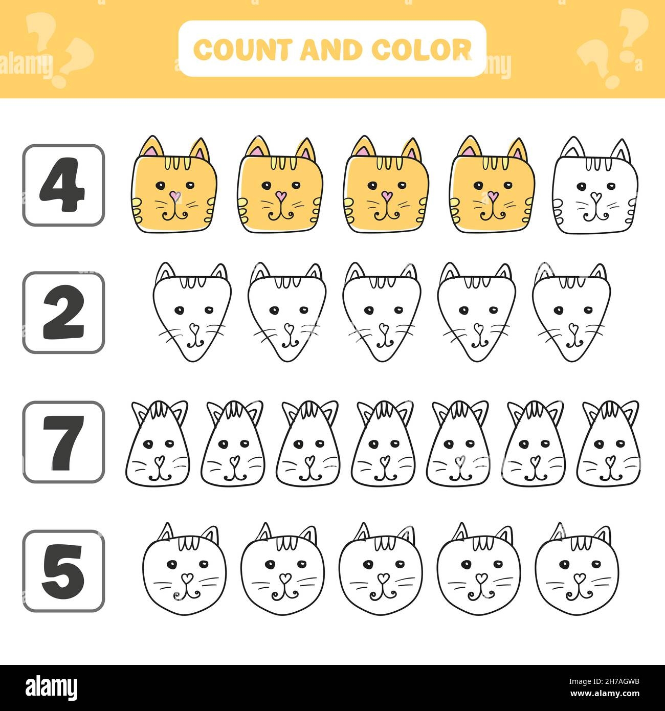 Count And Color Game For Preschool Children Cute Cats Worksheet For The Development Of Mathematical Abilities Coloring Book For Kids Stock Vector Image Art Alamy