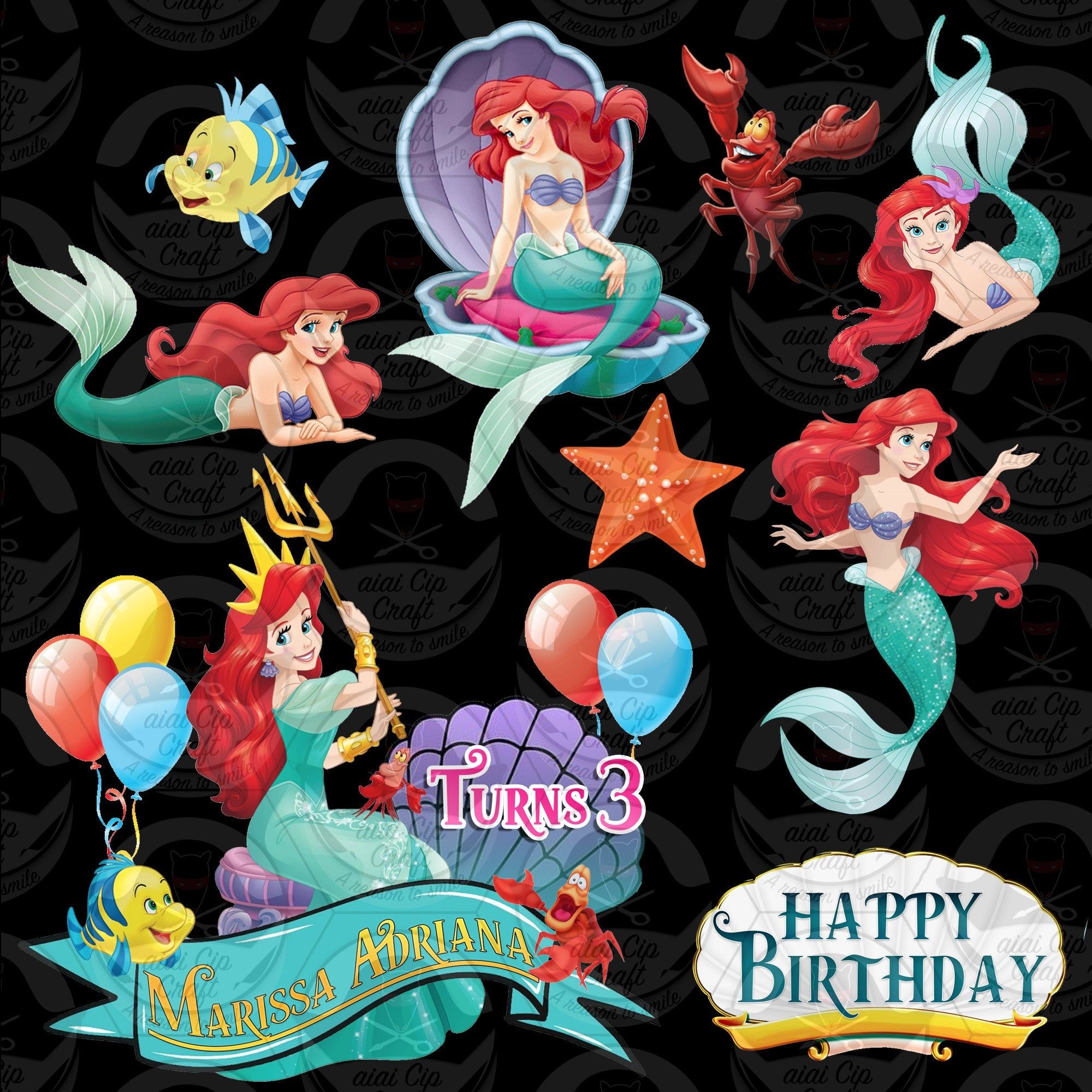 Custom The Little Mermaid Cake Topper Template Etsy Mermaid Cake Topper Little Mermaid Cake Topper Mermaid Happy Birthday