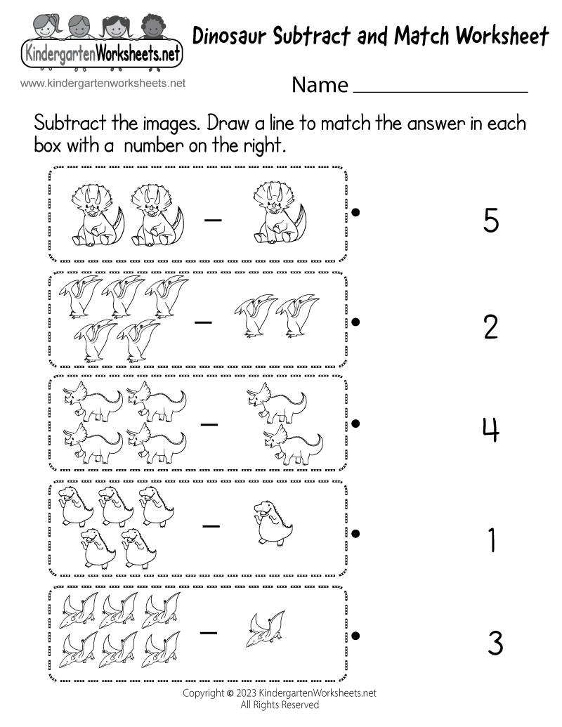 Dinosaur Subtract And Match Worksheet Free Printable Digital PDF