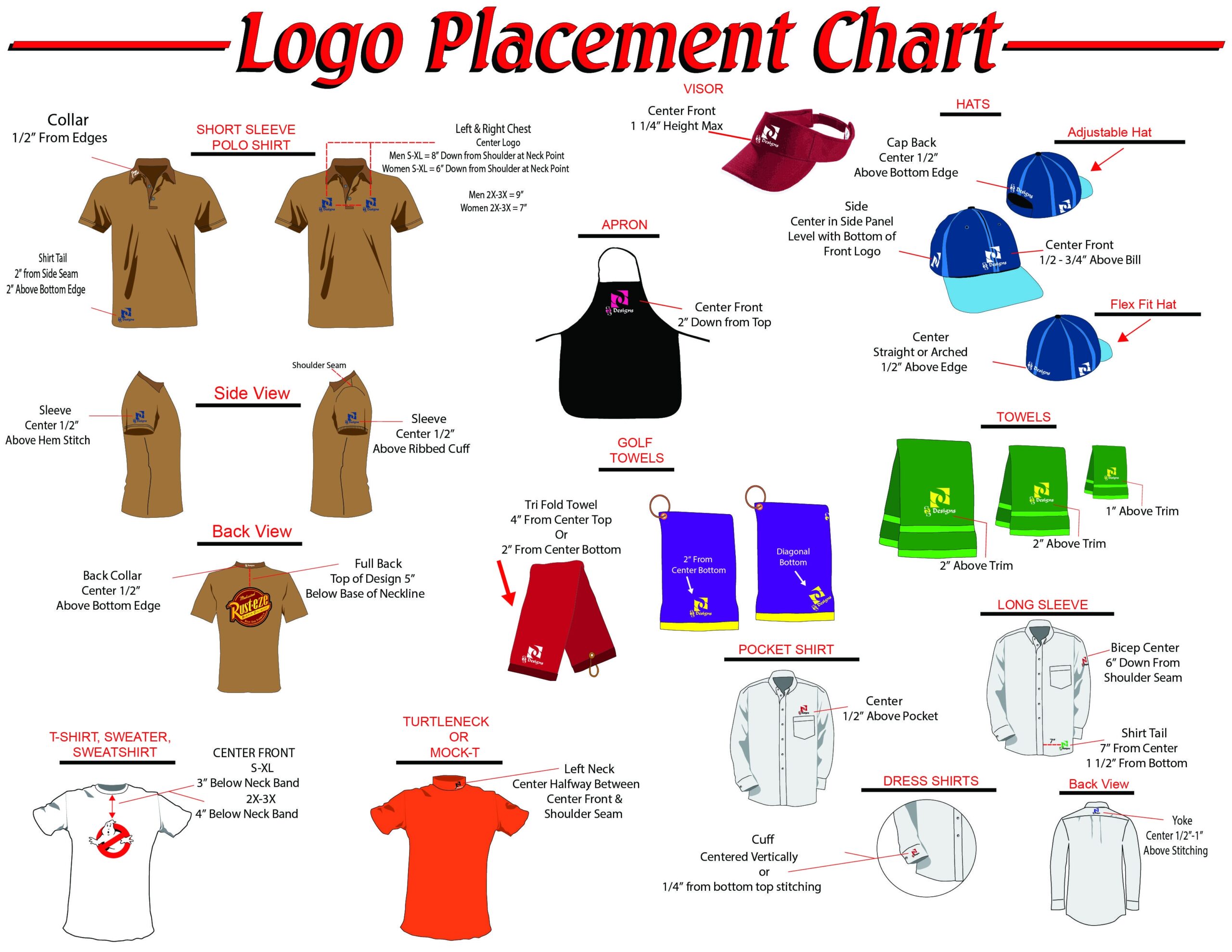 Embroidery Logo Placement Decoration Placement Charts For Shirts Hats Aprons Etc Logo Placement Embroidery Monogram Tshirt Printing Business