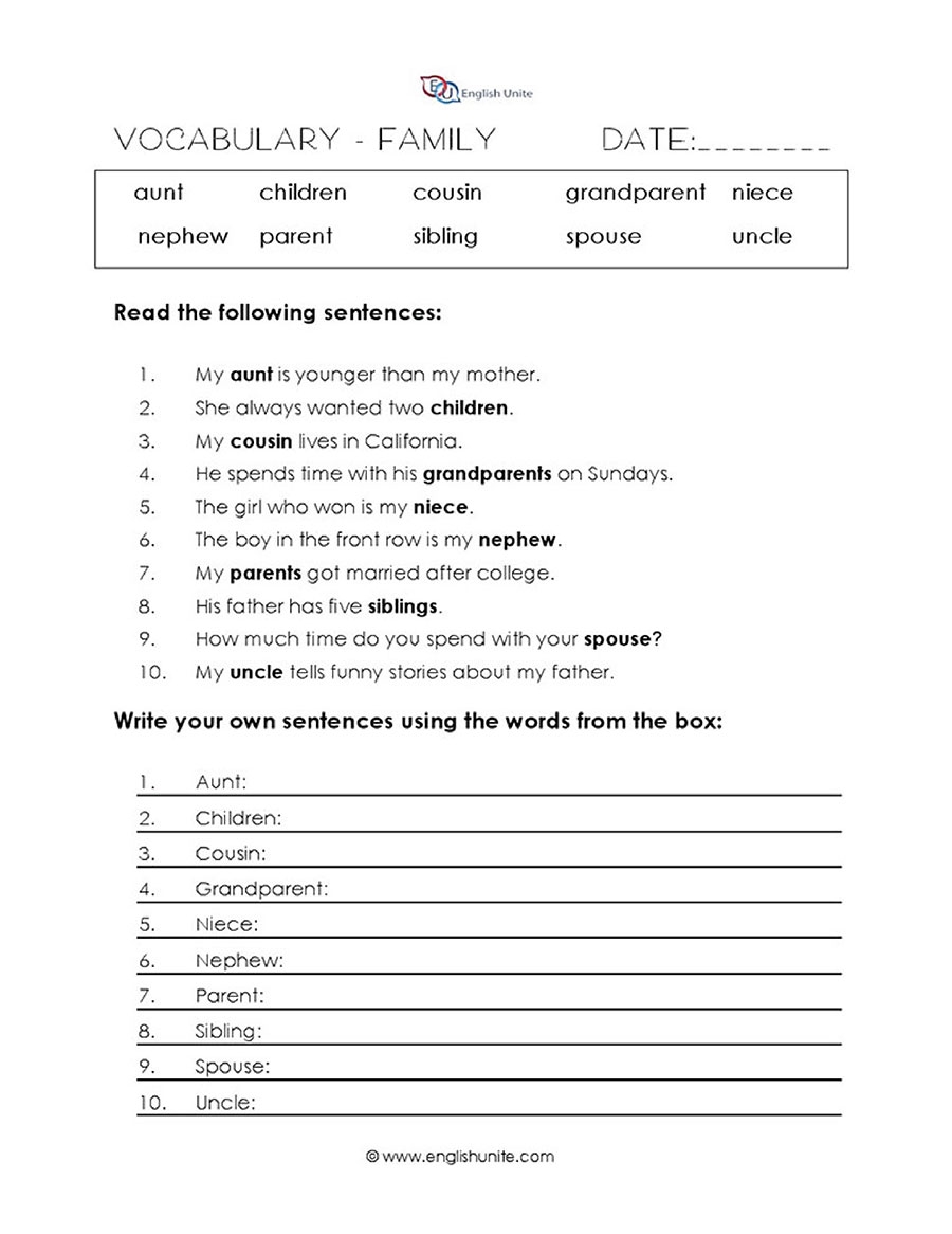 English Unite Family Vocabulary Worksheet