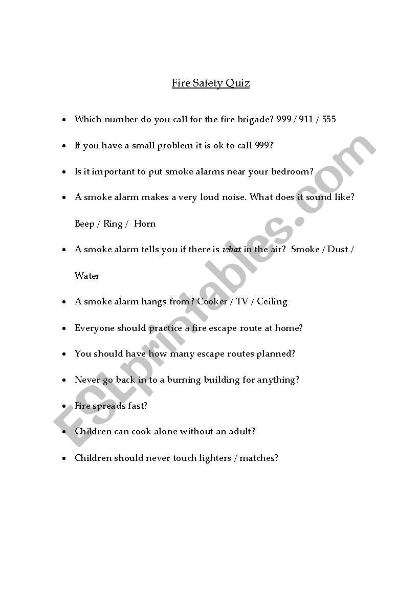 English Worksheets Fire Safety Quiz