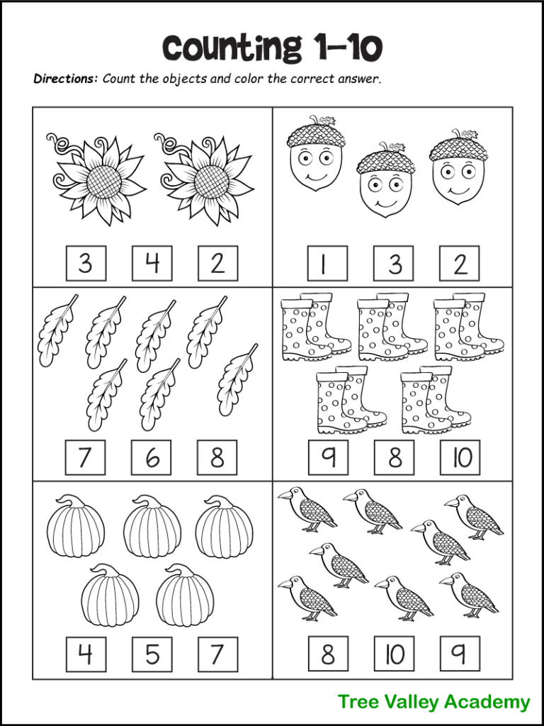 Fall Math Worksheets For Kindergarten Preschool 1st Grade