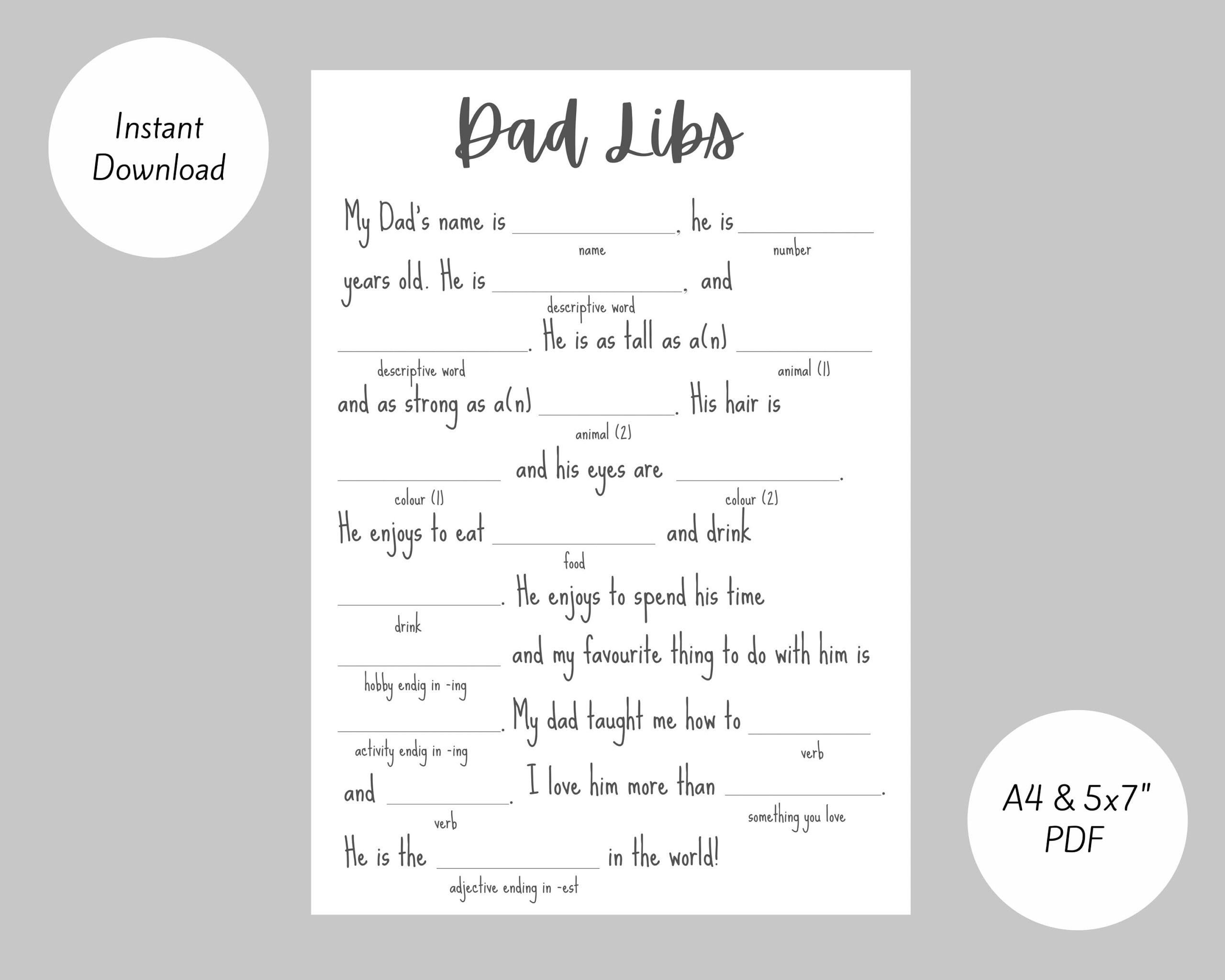 Father s Day Game Activity Dad Libs Mad Libs Printable Etsy