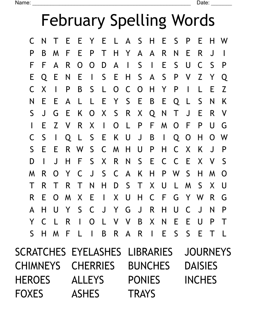 February Spelling Words Word Search WordMint