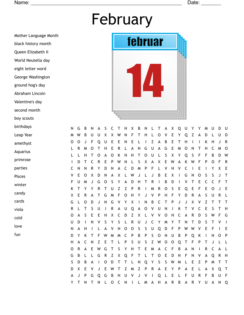 February Word Search WordMint