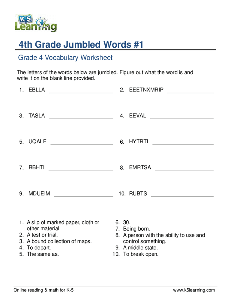 Fillable Online Vocabulary4th Grade Jumbled Words Fourth Grade 4 Vocabulary Worksheet Fourth Grade 4 Worksheet4th Grade Vocabulary Jumbled Wordsvocabulary Fax Email Print PdfFiller