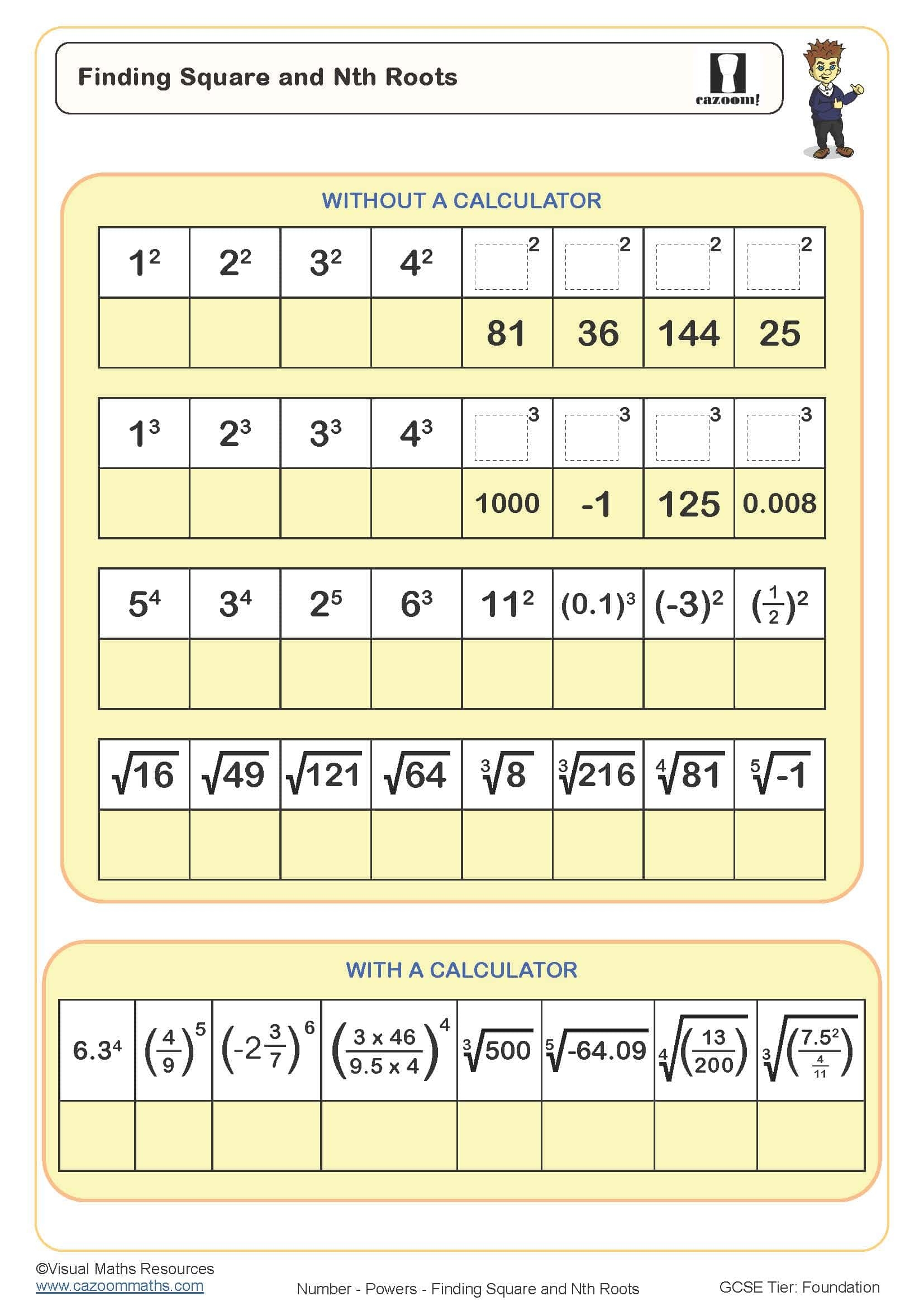 Finding Square And Nth Roots Worksheet Printable Maths Worksheets