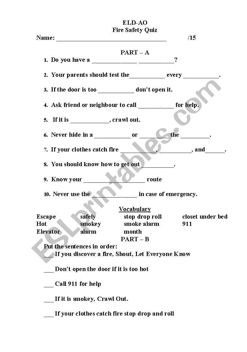 Fire Safety Quiz ESL Worksheet By Hansari9119