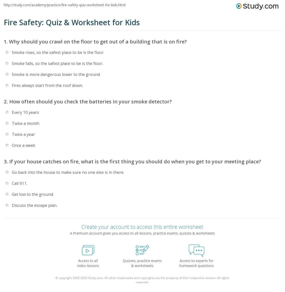 Fire Safety Quiz Worksheet For Kids Study