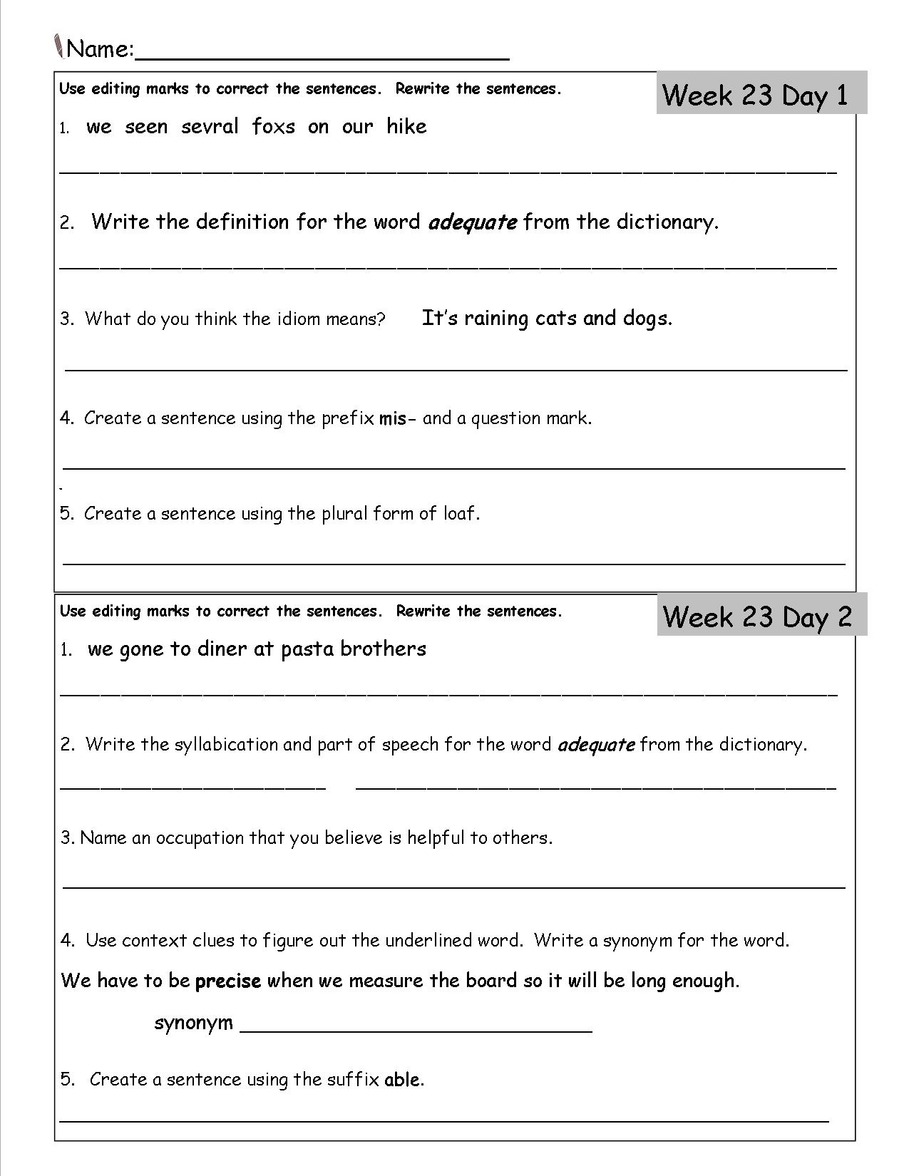 Writing Worksheets Printable For Grade 3