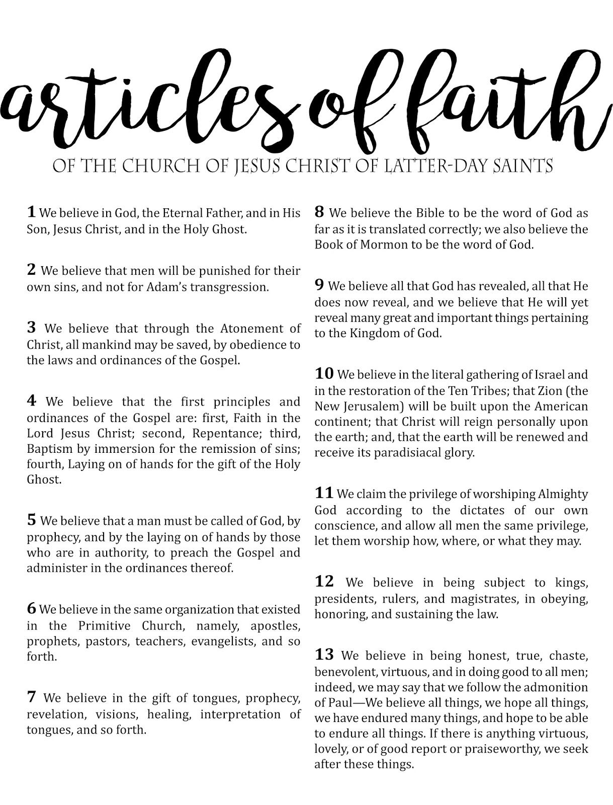 FREE Articles Of Faith Large Printable Articles Of Faith 13 Articles Of Faith Word Of Wisdom Lds