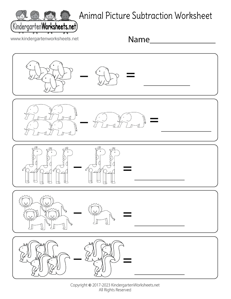 Free Printable Animal Picture Subtraction Worksheet