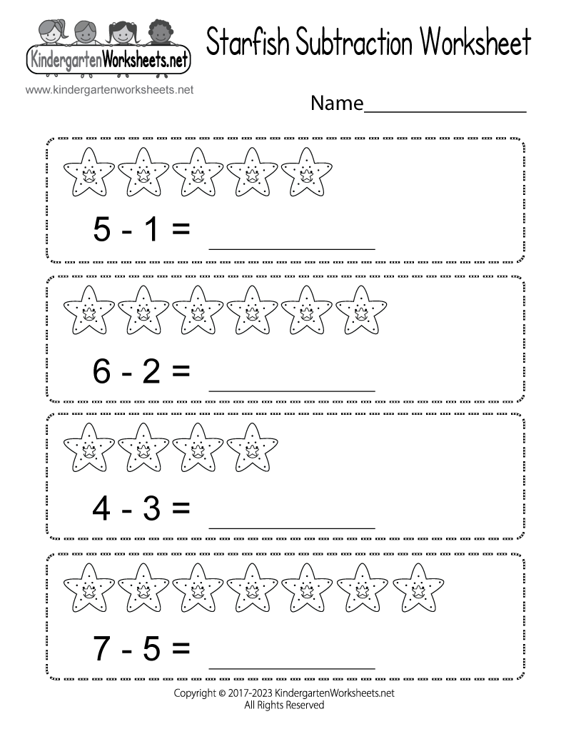 Free Printable Starfish Subtraction Worksheet
