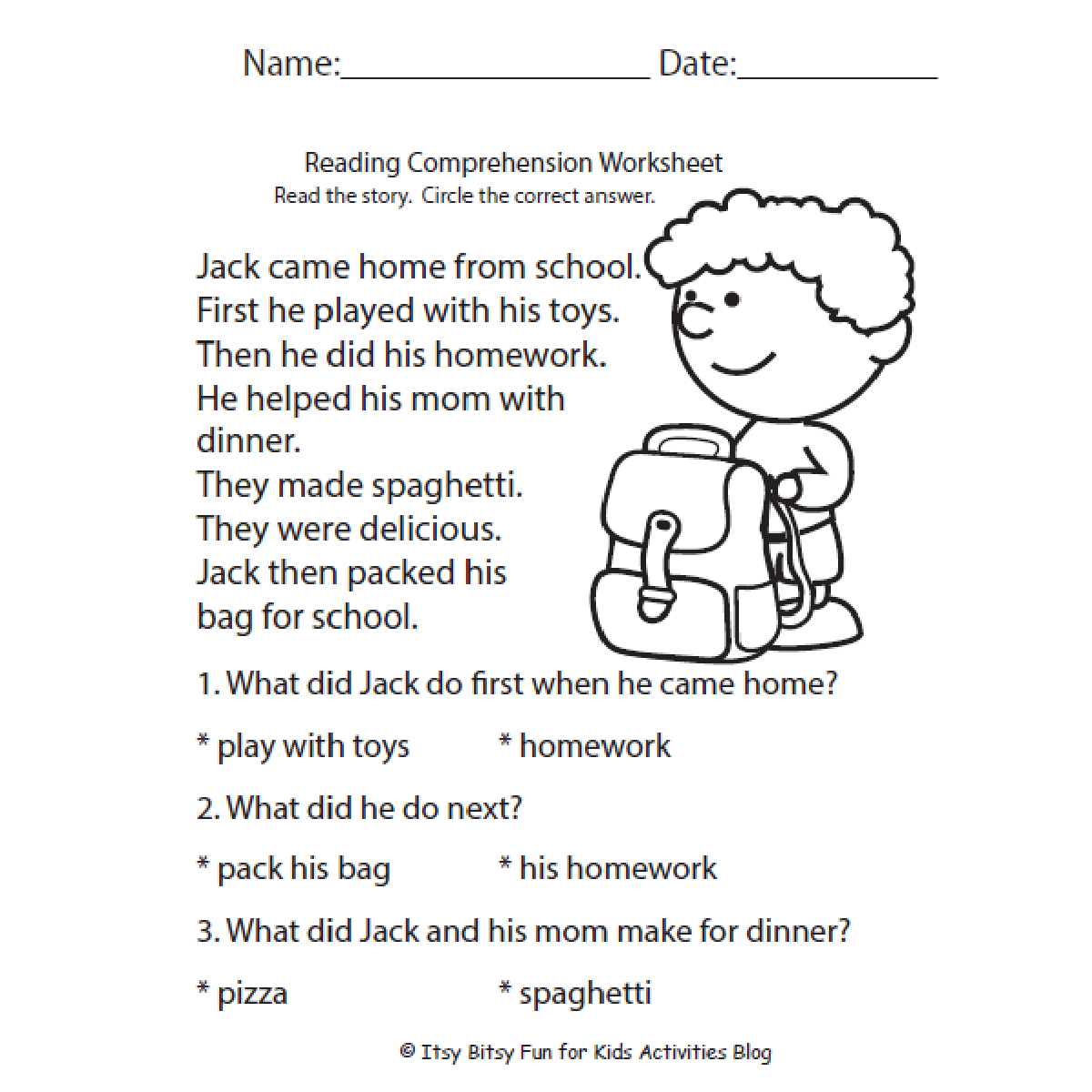 Free Reading Comprehension Worksheets For Back To School Kindergarten 1st Grade Kids Activities Blog