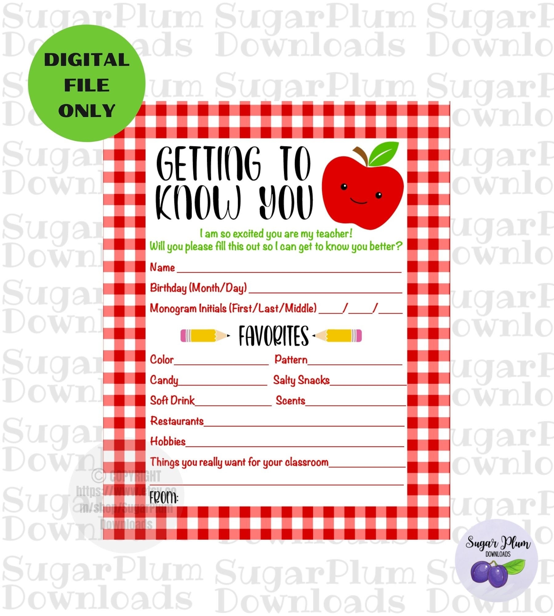 Getting To Know You Teacher Printable Teachers Favorite Things Back To School Teacher Questionnaire Digital File Instant Download Etsy