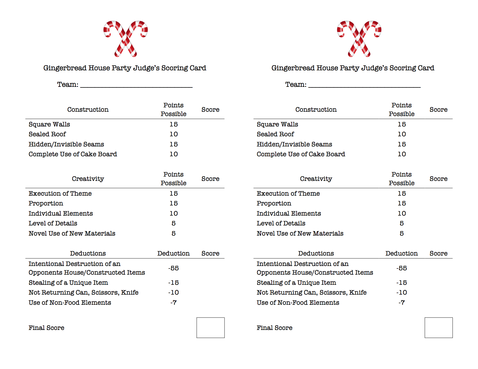 Gingerbread House Party Score Card HMH Designs