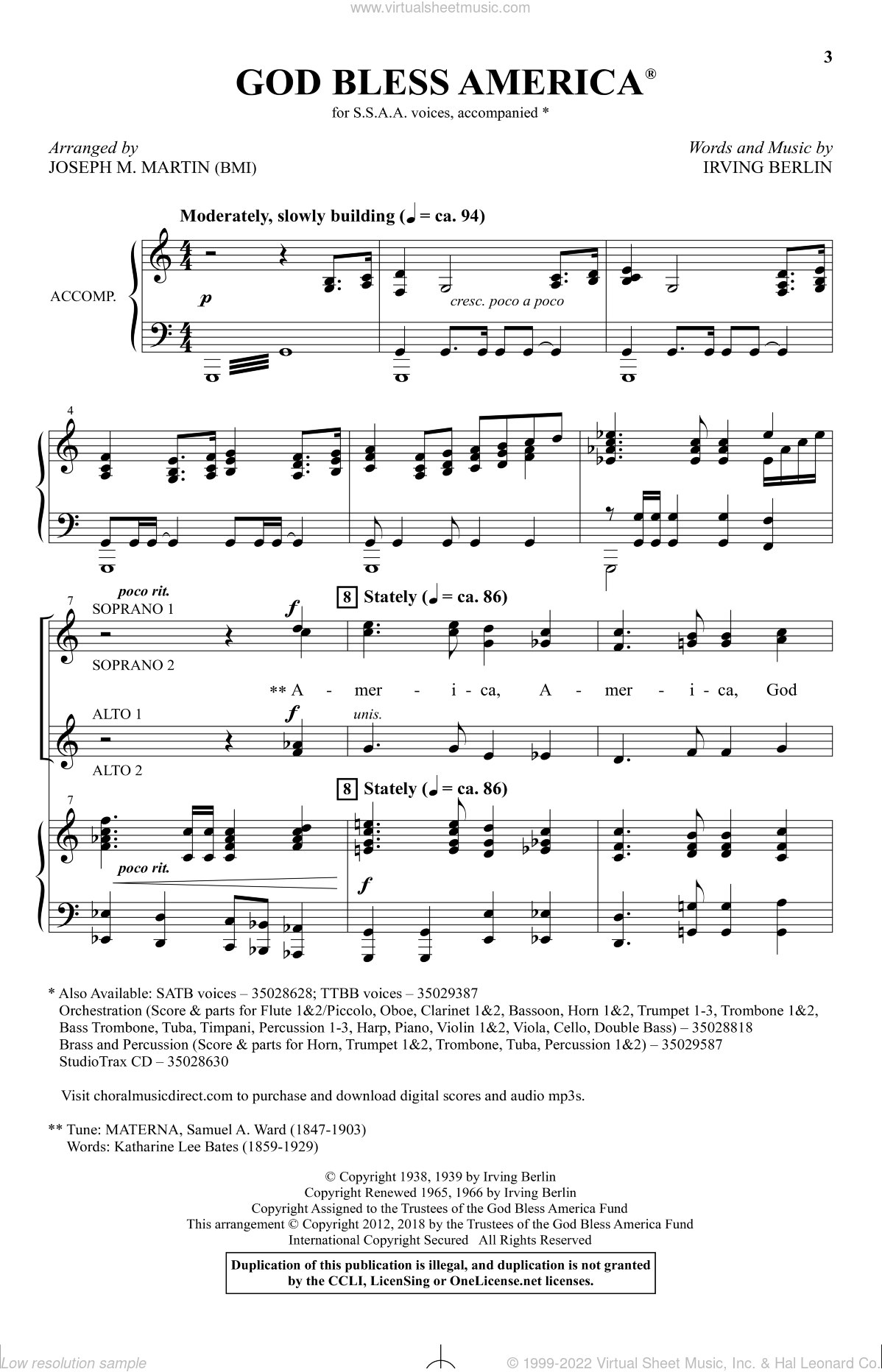 God Bless America arr Joseph M Martin Sheet Music For Choir SSAA Soprano Alto 