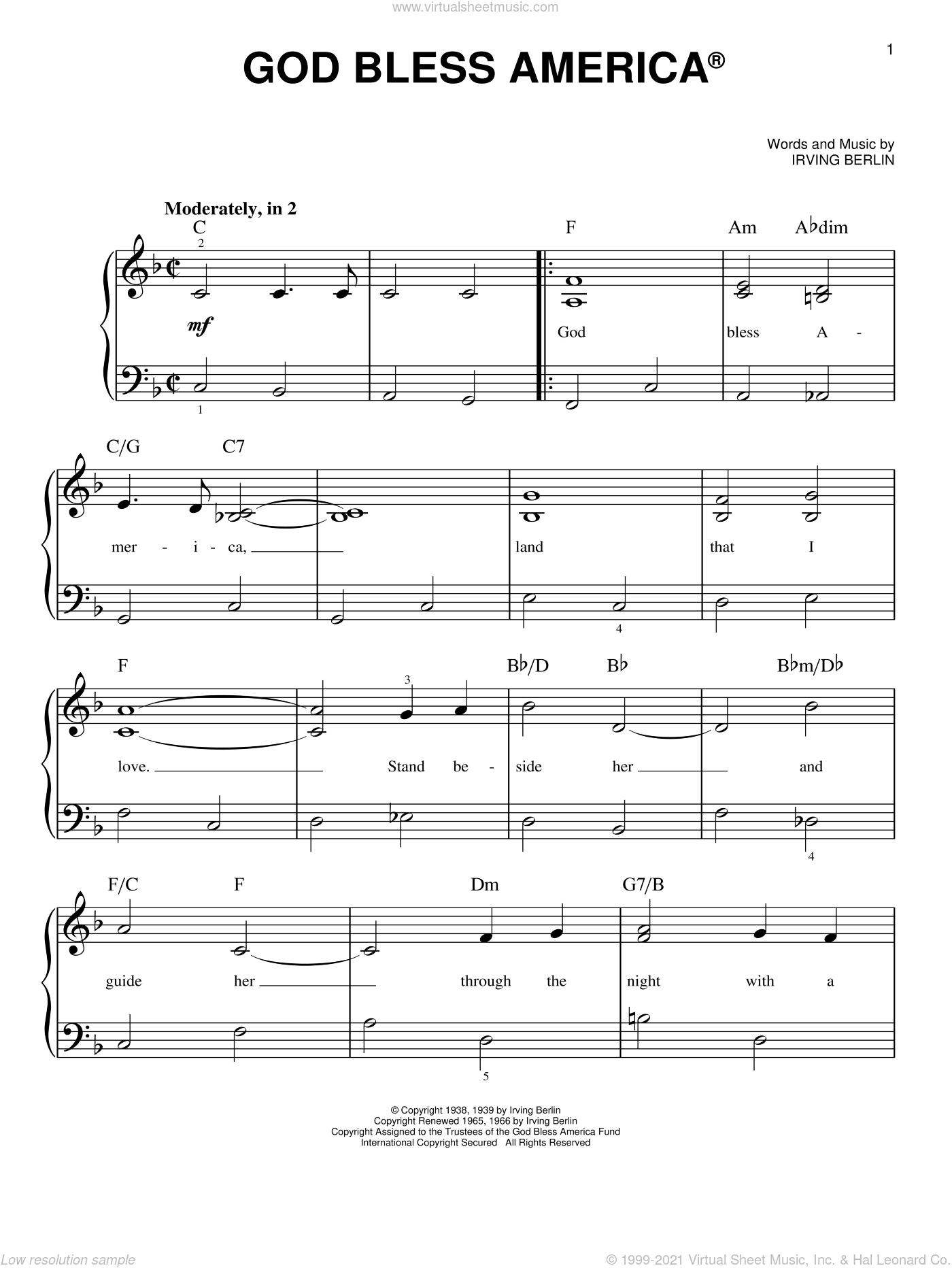 God Bless America beginner Sheet Music For Piano Solo PDF 