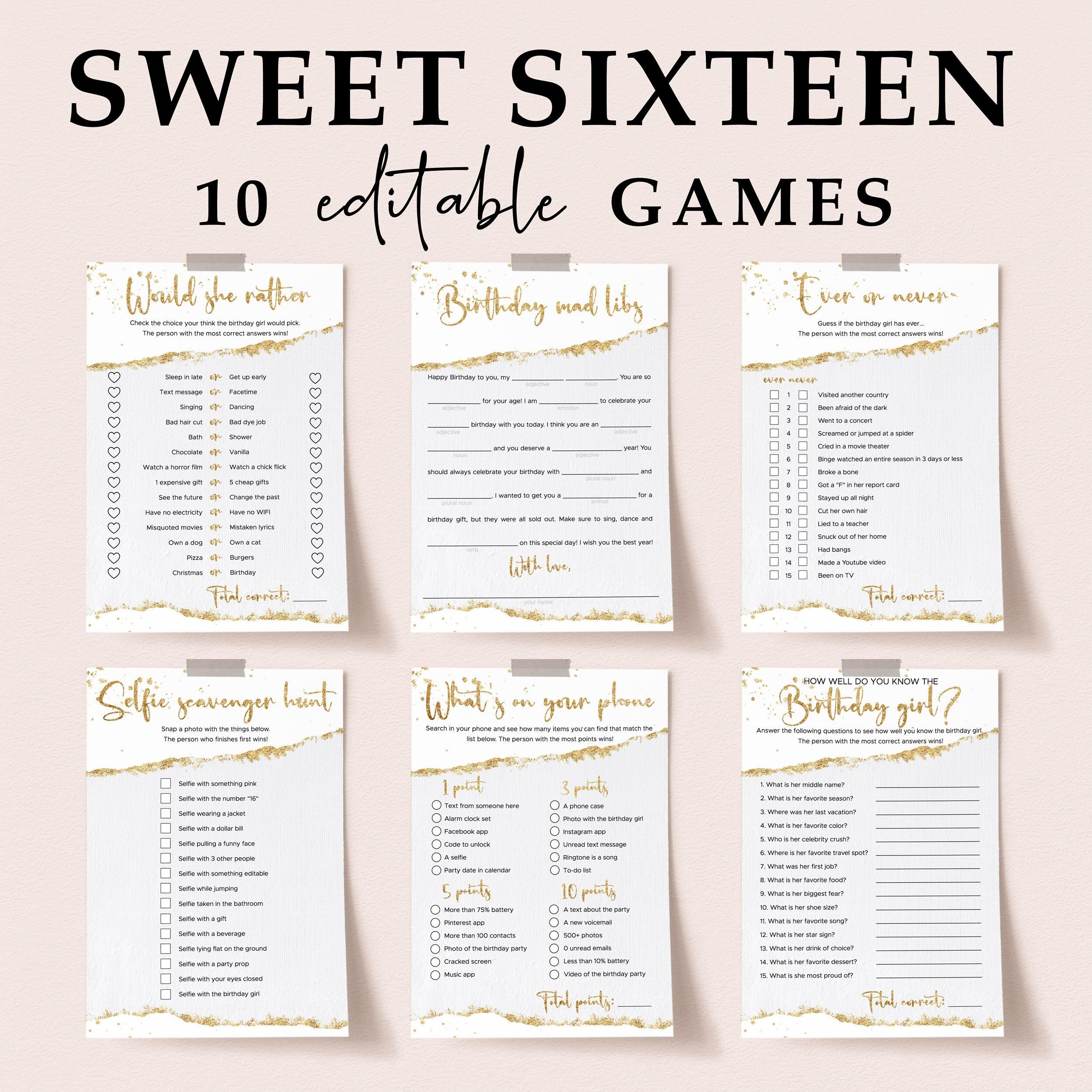 Gold Sweet 16 Games Printable Sweet Sixteen Activity Bundle Editable Personalized Teen Teenager Birthday Party Ideas For Girls Indoor GP3 Etsy Israel
