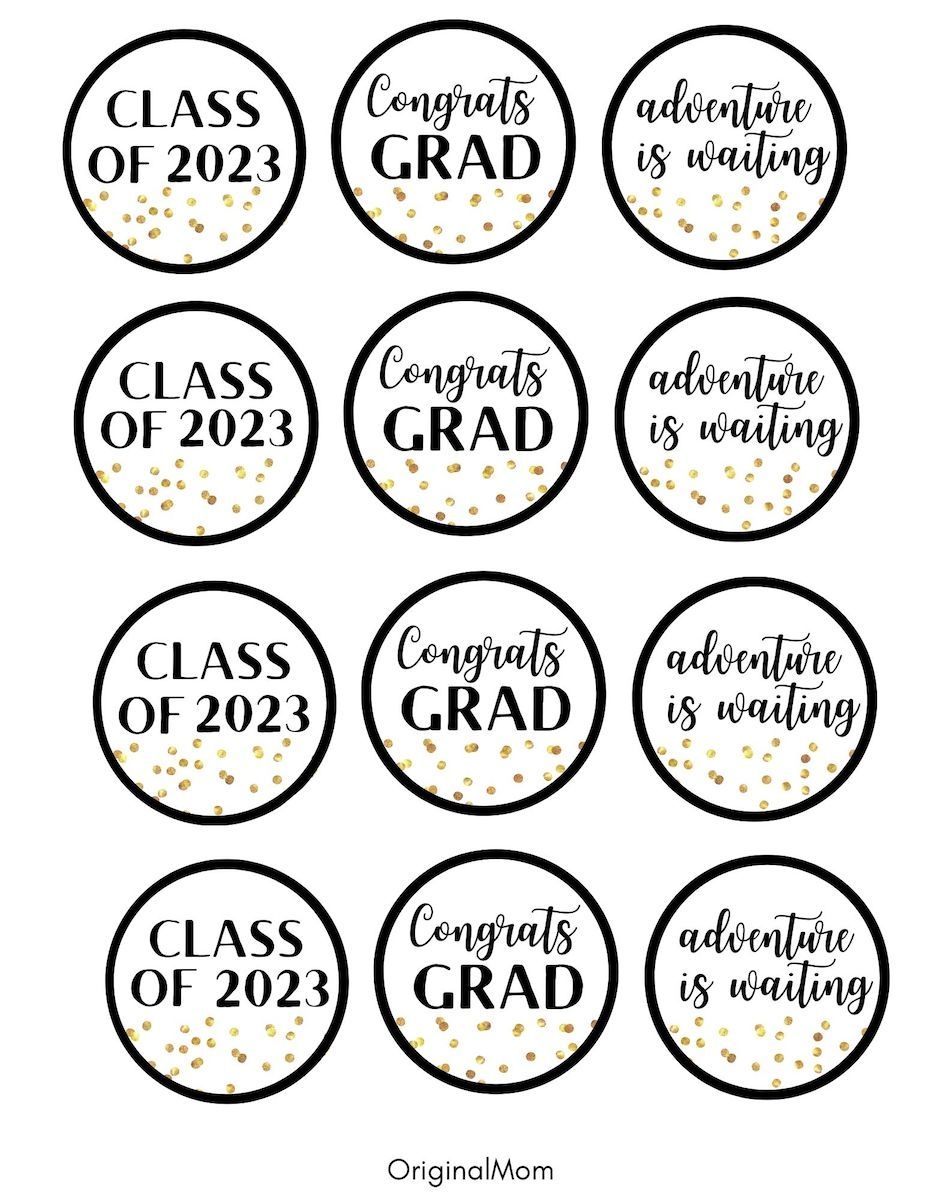 Graduation Free Printable Party Pack In Black And Gold Cupcake Toppers Graduation Free Graduation Printables Graduation Printables Graduation Cupcake Toppers