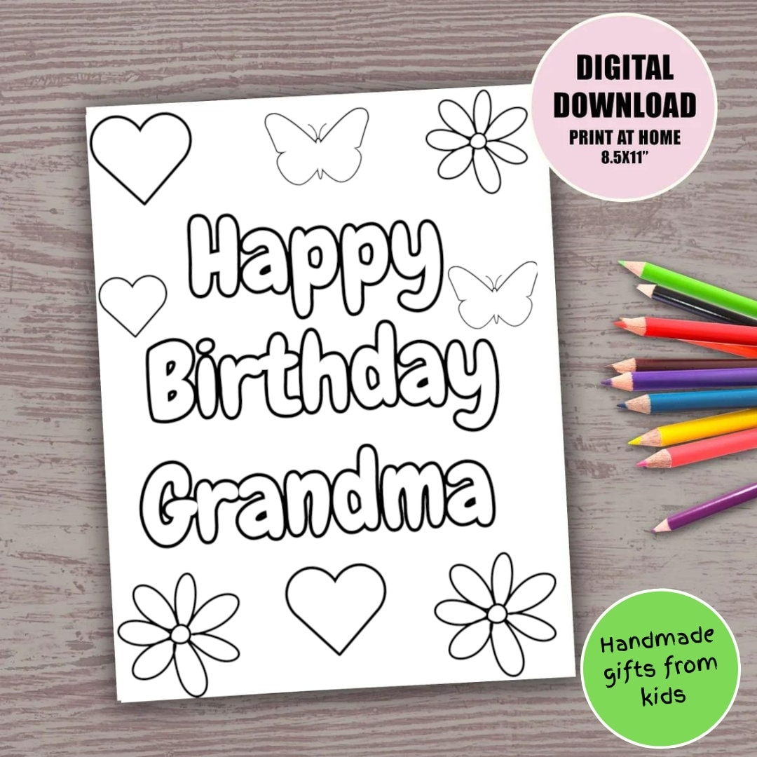 Happy Birthday Grandma Printable Coloring Page For Kids Colouring Page Cute Diy Handmade Card Gift For Grandmafrom Grandson Granddaughetr Etsy