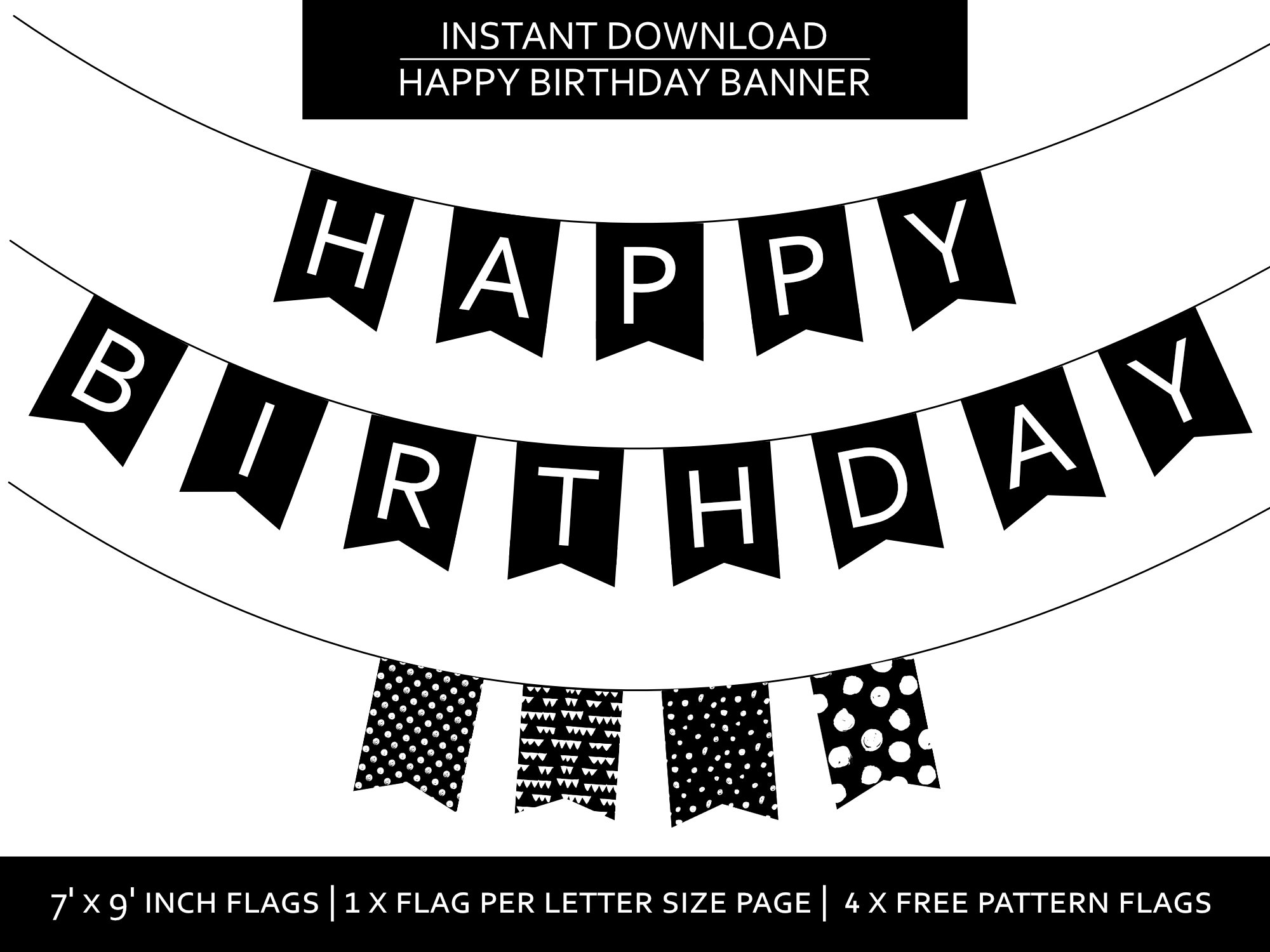 Happy Birthday Printable Banner Party Black White Simple Banner Instant Download Decoration Digital Birthday At Home Printing Etsy