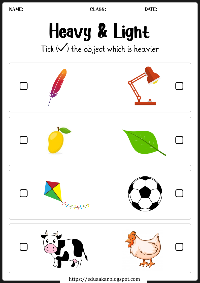 Heavy And Light Worksheets For Preschool And Kindergarten Kids Heavy And Light Fun Worksheets For Kids Kindergarten Reading Activities