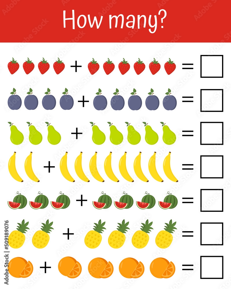 How Many Counting Game With Different Fruit For Kids Mathematics Educational Game For Children Learning Subtraction Worksheet For Kids Counting Activity Vector Cards For Learning Multiplication Stock Vector Adobe Stock