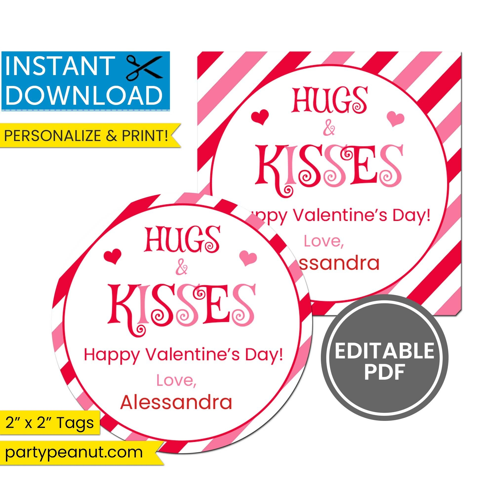 Hugs And Kisses Printable Valentine Tags Valentines Day Gift Friend Valentine Teacher School Valentine Class Teacher Gift Editable Etsy