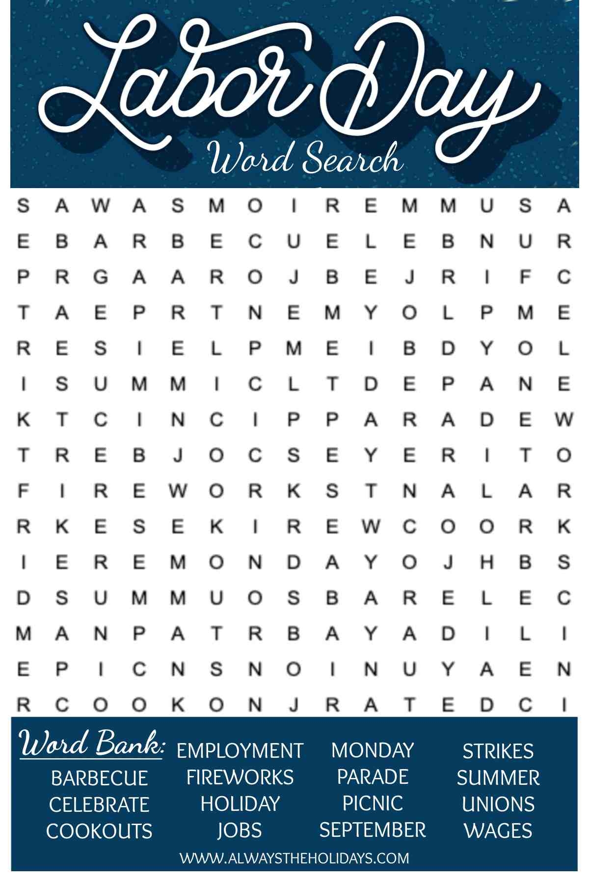 Labor Day Word Search Printable Free Word Find Answer Key