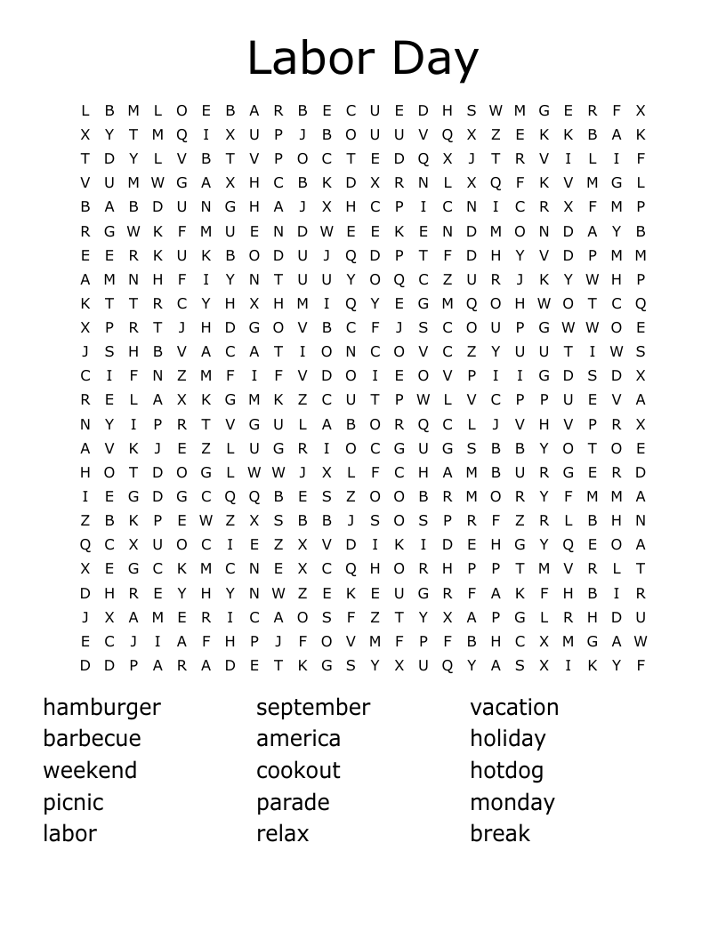 Free Printable Labor Day Word Search